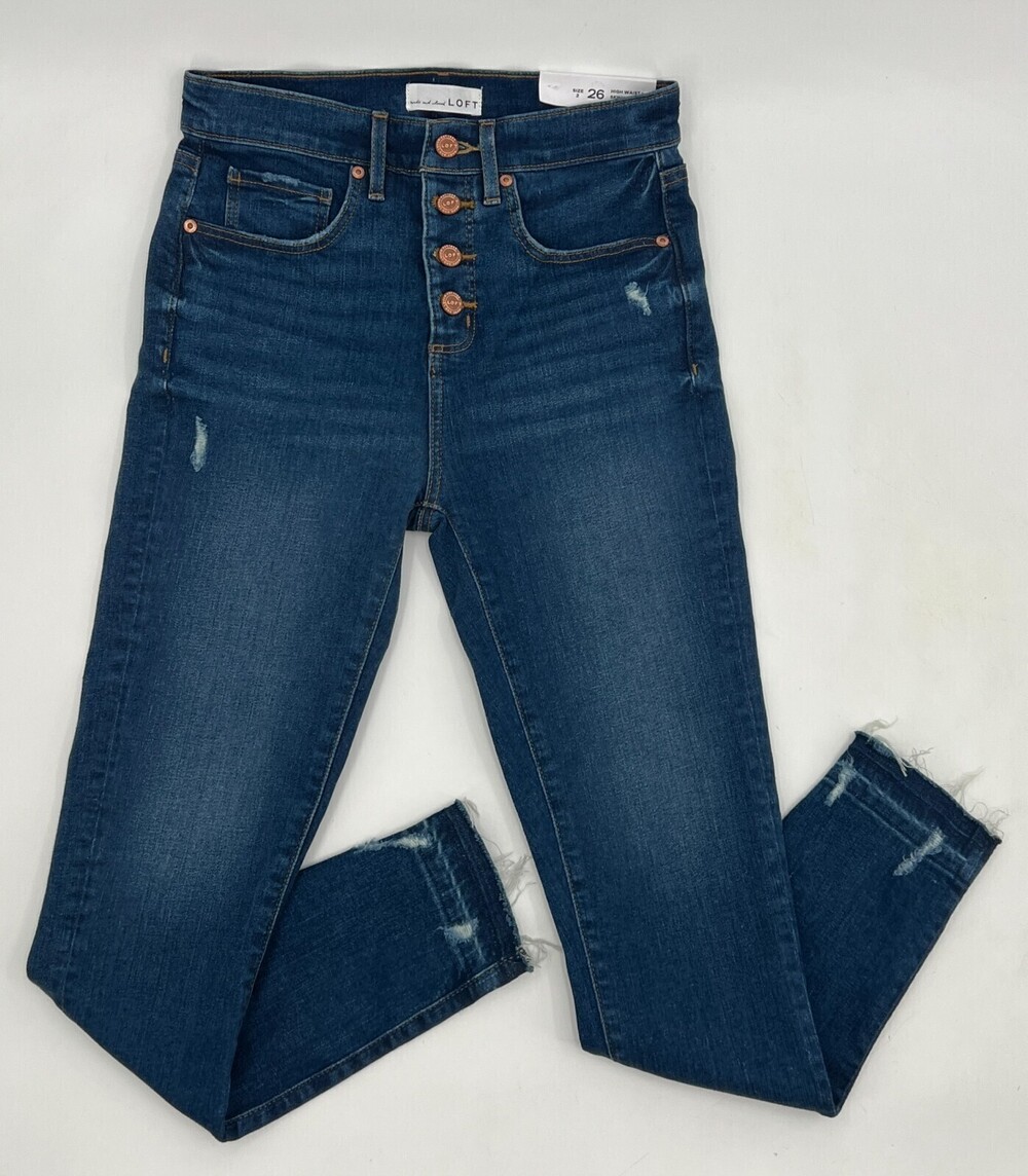 New Made adn Loved LOFT Jeans Womens 26 High Waist Skinny Crop Button Distressed